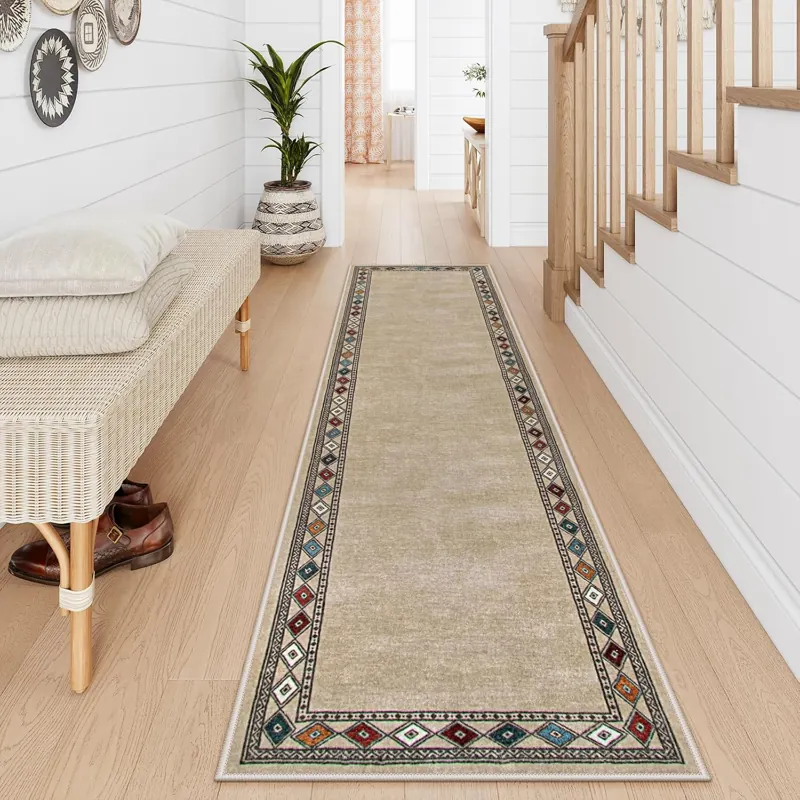 Cream hallway runner with colorful diamond border.