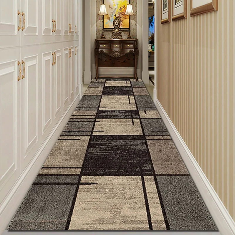 Modern grey and black plaid runner rug in hallway