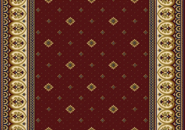 Patterned borders on dotted maroon rug