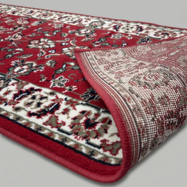 Red floral rug showing non-slip backing