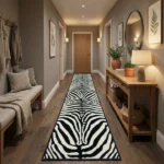 Zebra print runner in a warm, rustic hallway