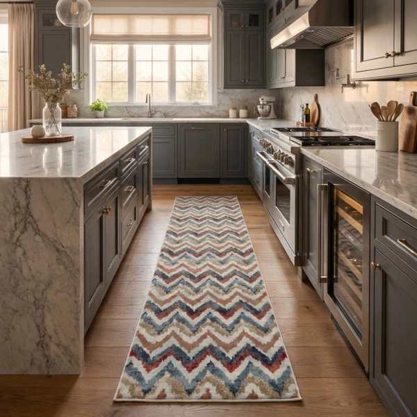 Zigzag pattern kitchen runner on light wood flooring.